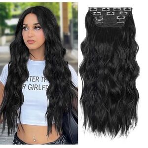 Black Clip-In Hair Extensions for Women - 4PCS Thick Wavy Hairpiece